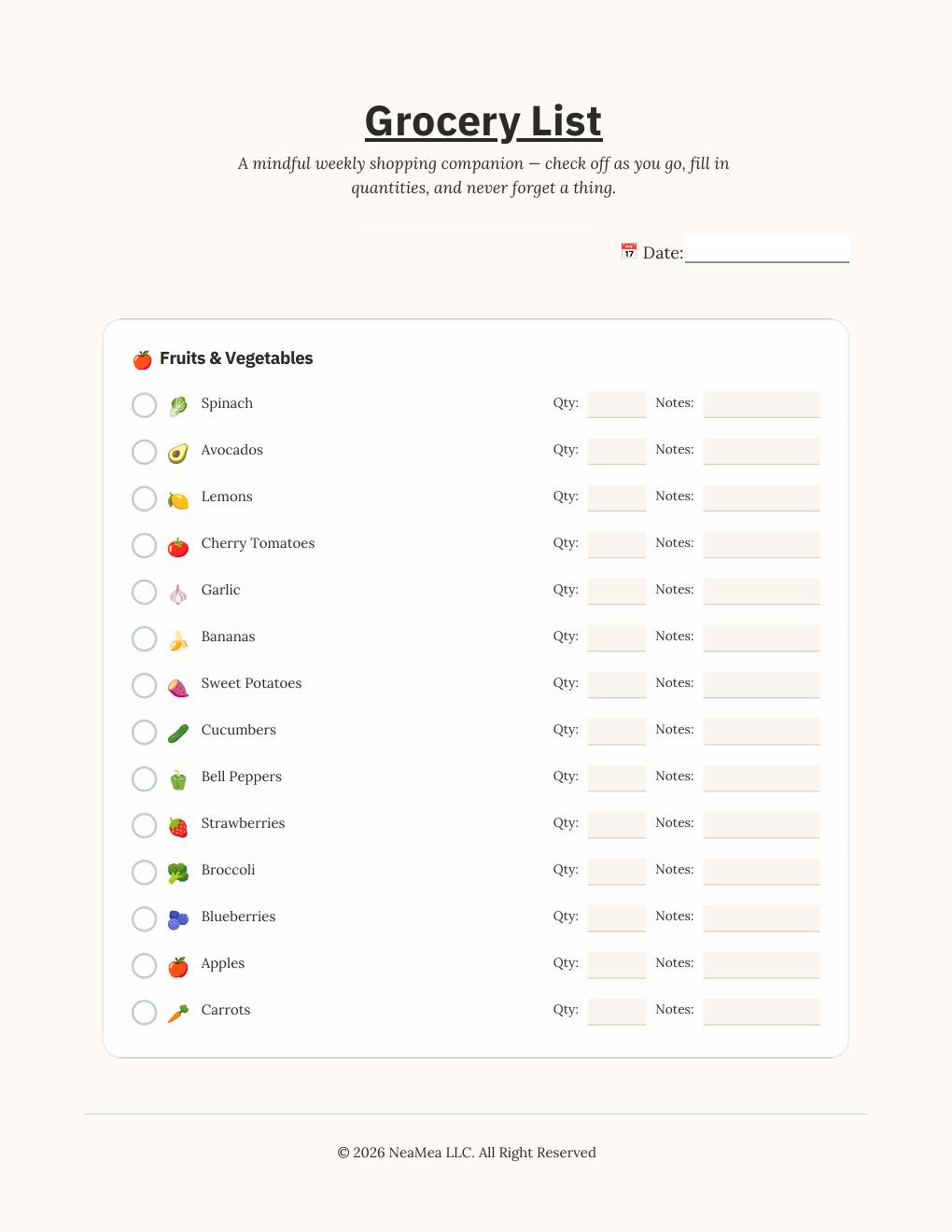 NeaMea Printable Grocery List — detail view 1