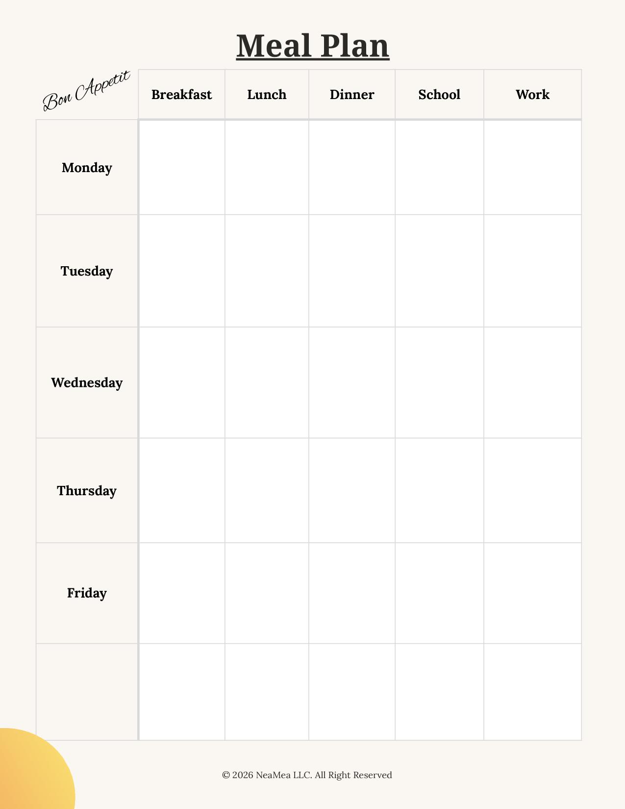 First page of Weekly Meal Plan Chart