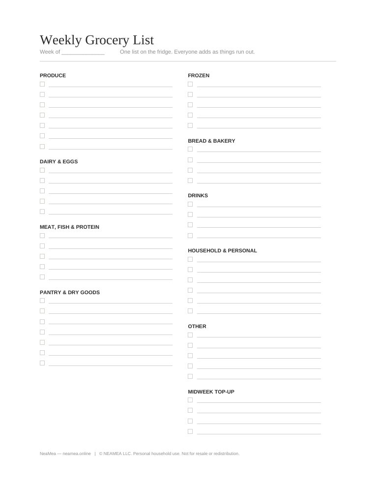 First page of Weekly Grocery List